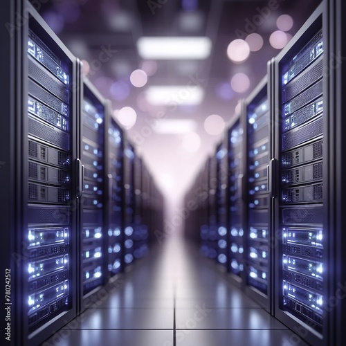 Zukunftsorientiertes Rechenzentrum: Schimmernde Server in einem beleuchteten Gang als Symbol für technologischen Fortschritt und solide digitale Infrastruktur photo