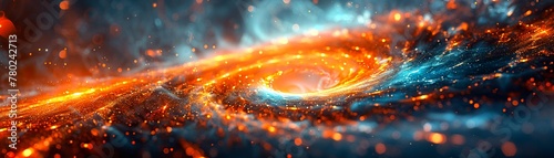 Abstract representation of a galactic swirl with vibrant orange and blue hues  suggesting cosmic activity and interstellar phenomena.