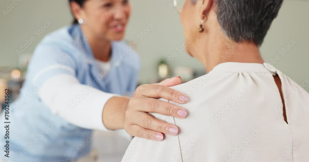 Nurse, mature woman and hand on shoulder for support, elderly care and help for retirement. Medical aid, senior and pensioner with healthcare, wellness and happy hospice caregiver in old age home