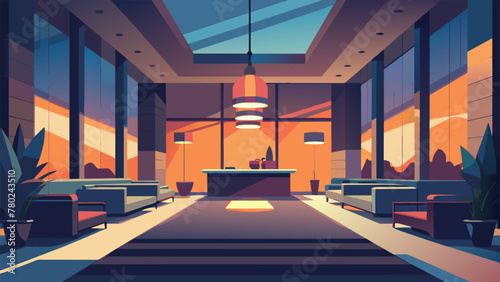 A hotel lobby comes to life in the evening as smart lighting highlights the elegant decor and creates a welcoming atmosphere for guests. The