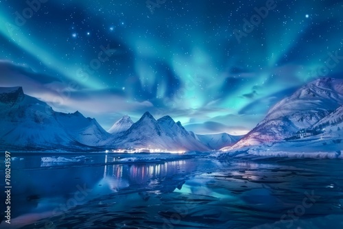 Spectacular Aurora Borealis Over Snow-Capped Mountains And Reflective Lake At Night © Olena Rudo
