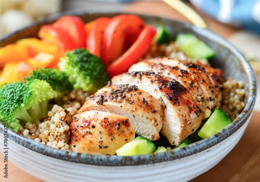 Grilled Chicken Breast Served With Quinoa and Fresh Vegetables on Wooden Table