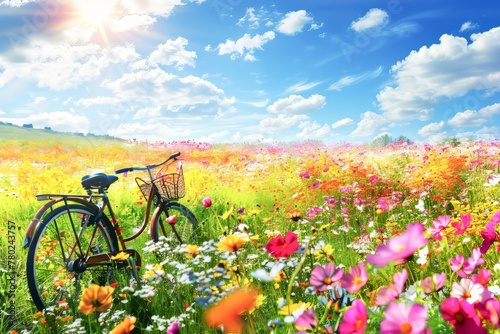 Vintage Bicycle Parked Amidst a Colorful Field of Wildflowers on a Sunny Day