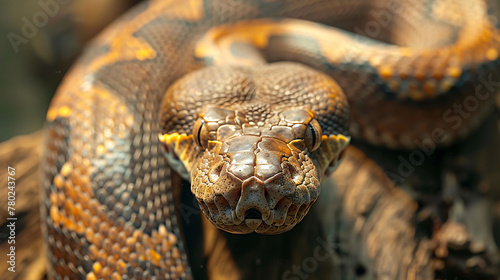 closeup of a Boa constrictor sitting calmly, hyperrealistic animal photography, copy space for writing © animalground