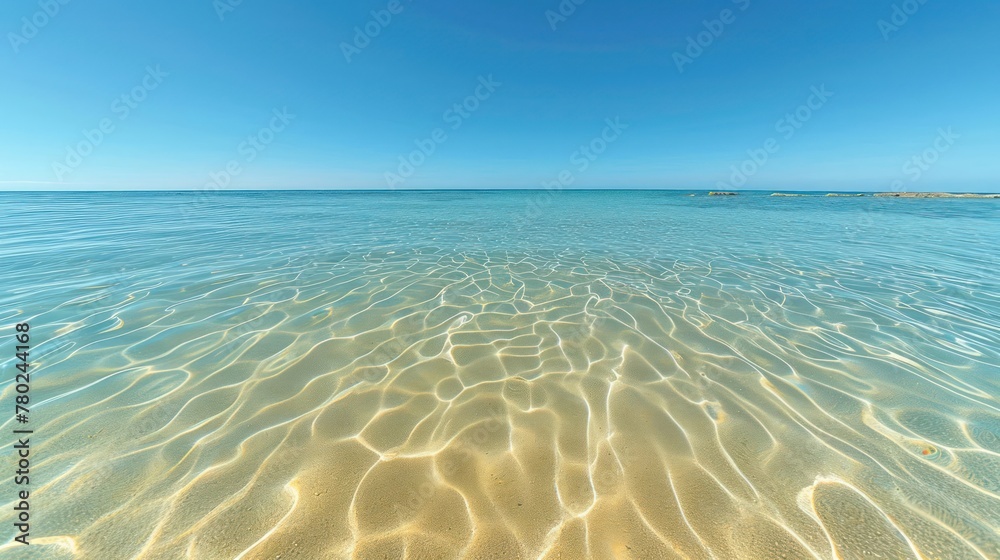 portrayal of a beach, featuring detailed textures of golden sand, clear waters, and the natural beauty of a cloudless day