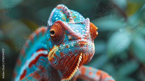 closeup of a Chameleon sitting calmly, hyperrealistic animal photography, copy space for writing