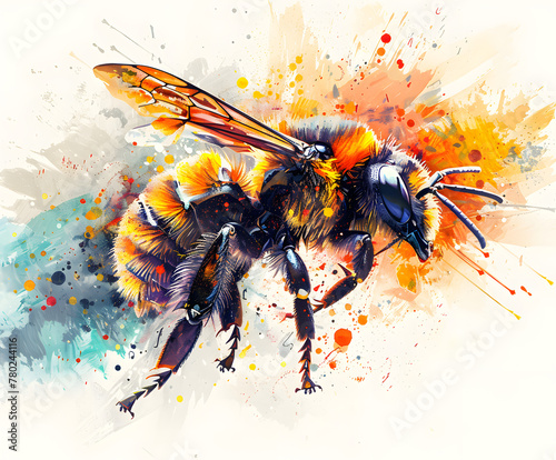 The image depicts a vibrant, multicolored representation of a Honeybee in full roar, with a dynamic explosion of colors and splatters that give it a sense of energy and vivacity © xavmir2020