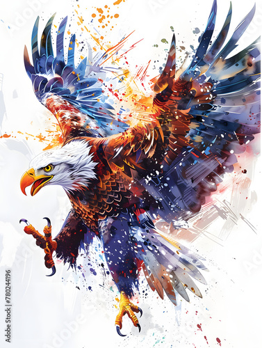 The image depicts a vibrant, multicolored representation of a Bald Eagle in full roar, with a dynamic explosion of colors and splatters that give it a sense of energy and vivacity