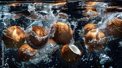 coconut thrown into the water, a picture of water splashes, freshness and moisture
