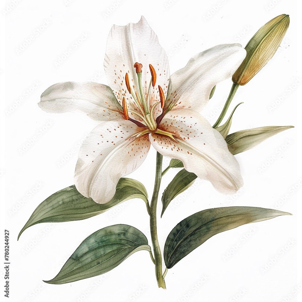 Step into history with a watercolor rendition of Lily from the 1800s, on white
