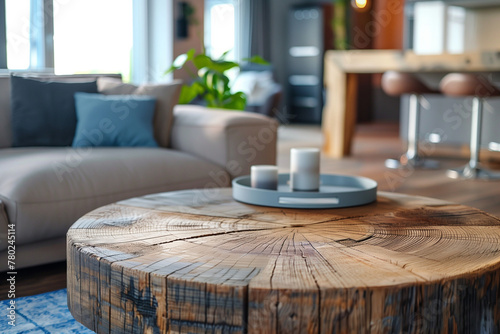 Loft interior design of modern living room, home. Close up view of rustic round wooden coffee table near sofa.