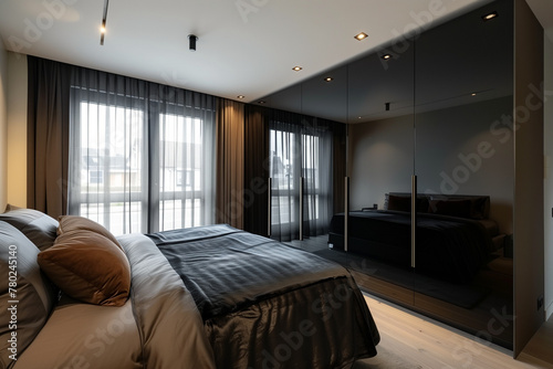 Black wardrobe with glossy sliding doors in minimalist style interior design of modern bedroom
