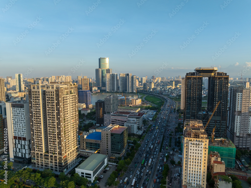 Aerial skyline view of Hanoi cityscape at sunset in Cau Giay district