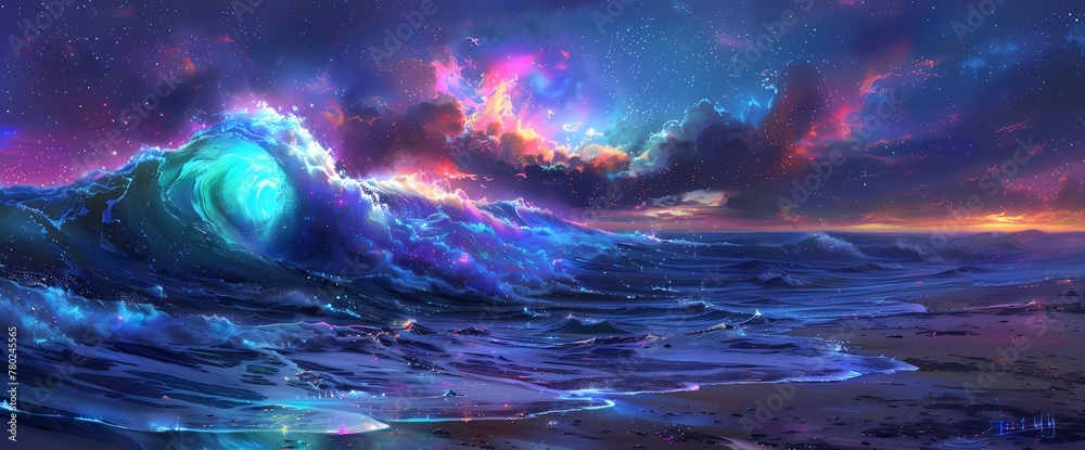 Neon waves crash against the shores of infinity, their luminous spray painting the cosmic horizon with an enchanting display of color. - obrazy, fototapety, plakaty 
