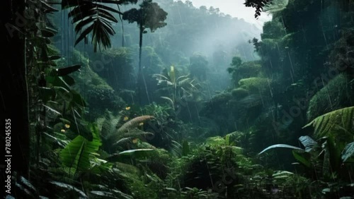  In a rainforest landscape, large, lush trees provide a charming canopy layer, while epiphytes and lianas beautify the trees. seamless looping time lapse animation video background photo