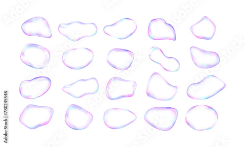 Transparent blobs set. 3D liquid shapes with holographic effect. Soap bubbles bundle. Futuristic drop, iridescent elements, simple circle graphics, gradient geometric art. Vector illustration.