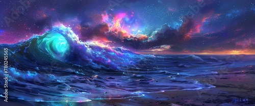 Neon waves crash against the shores of infinity, their luminous spray painting the cosmic horizon with an enchanting display of color. photo