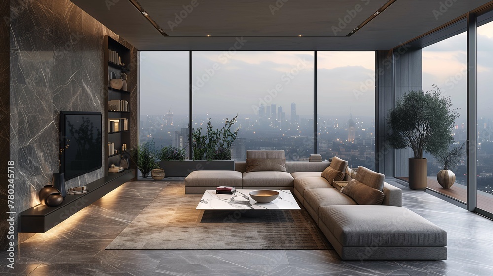 Modern Living Room with City Skyline View at Dusk Modern Living Room with City Skyline View at Dusk
