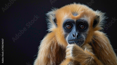 closeup of a Gibbon sitting calmly, hyperrealistic animal photography, copy space for writing © animalground