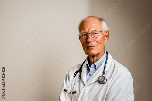 Portrait of a senior male doctor with a stethoscope in a clinic, projecting experience and professionalism.