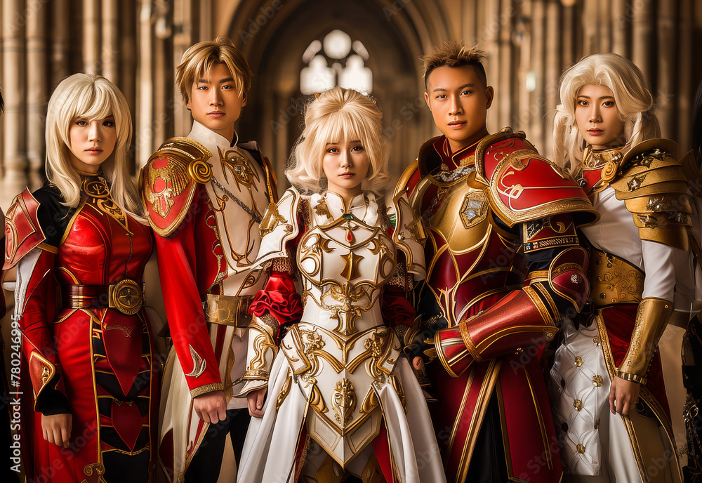 Group of young adults dressed in elaborate cosplay outfits, posing together in a grand hall, showcasing creativity and costume mastery.