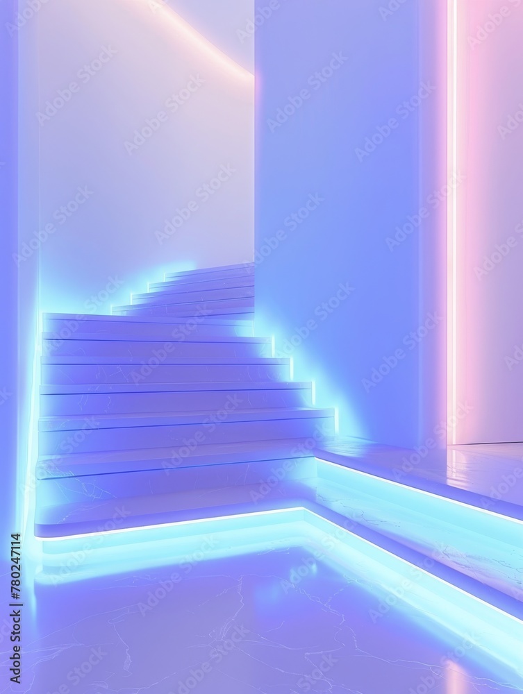 Obraz premium Futuristic neon lit staircase and pillars. A vibrant, futuristic design with glowing neon lights illuminating a staircase and surrounding pillars, creating a surreal environment