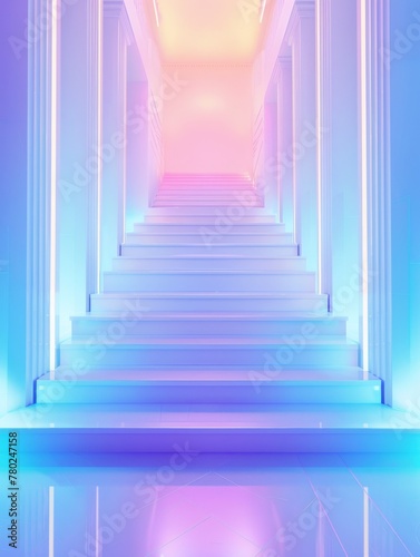 lluminated steps between glowing pillars. Soft neon lights bathe an ascending staircase flanked by classical pillars, conveying a feeling of progress and enlightenment
