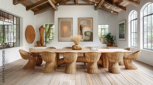 Modern Rustic Dining Room with Wooden Table and Wicker Chairs
