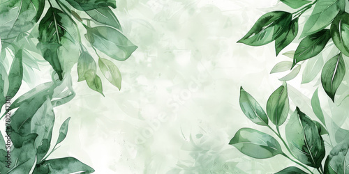  green watercolor leaves on white background, copy space