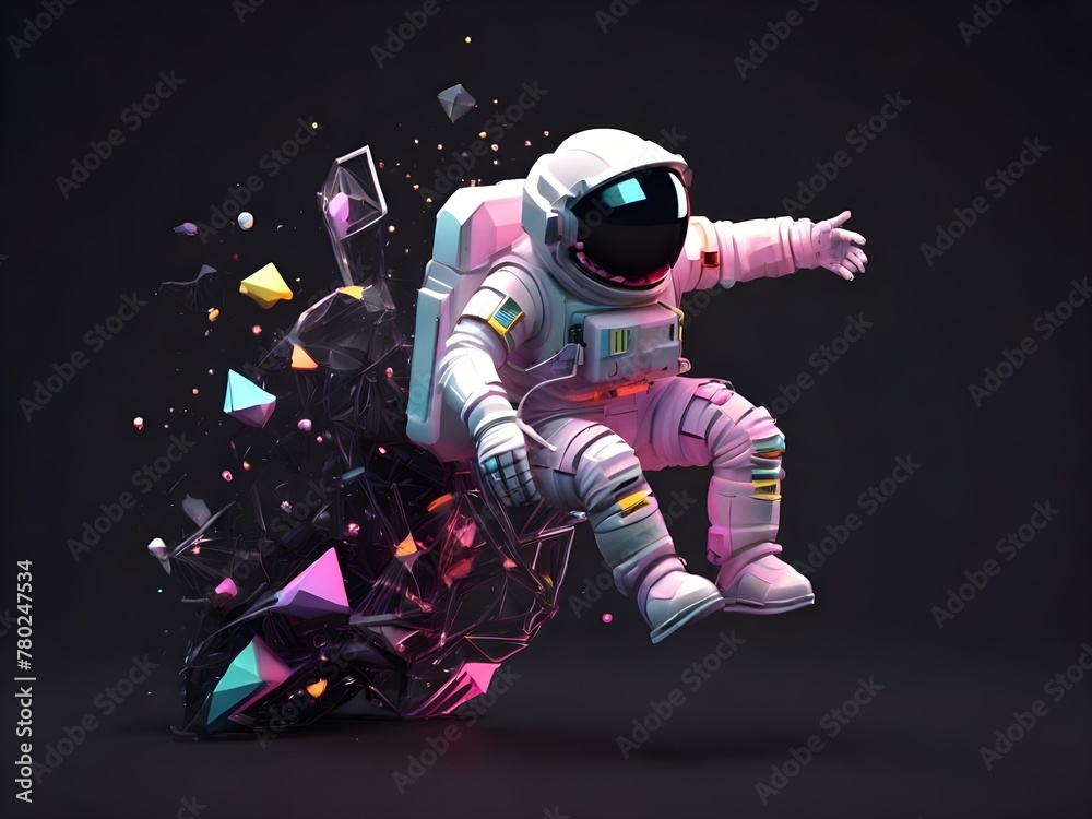 Low poly 3d image of low poly astronaut neon theme floating in metaverse 3d black background Low poly 3d image of low poly astronaut neon theme floating in metaverse 3d black background