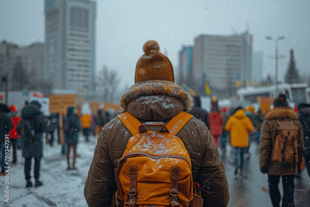 Snow-covered person at a protest in a city square, amidst a crowd.