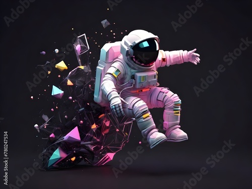 Low poly 3d image of low poly astronaut neon theme floating in metaverse 3d black background