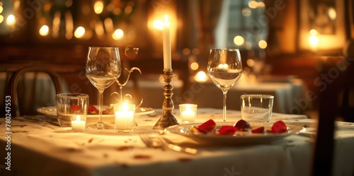 portrayal of a romantic dinner scene  featuring detailed textures of tablecloth  dinnerware  and soft ambient lighting