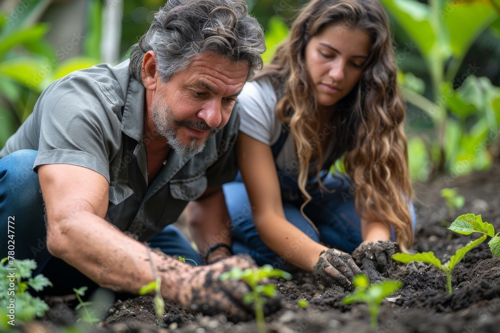 Mature couple planting seedlings together in a lush garden