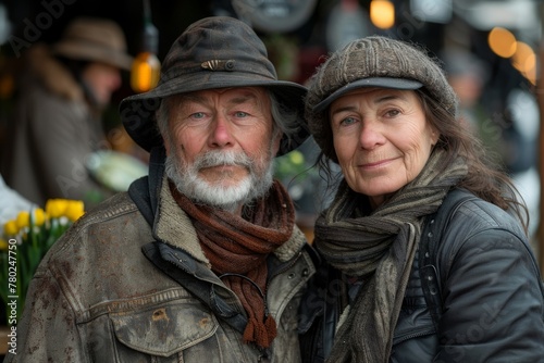 An elderly couple, warmly dressed, standing close and smiling in an outdoor market.