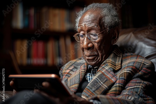 Elderly man deeply engrossed in using a digital tablet, sitting in a leather chair.