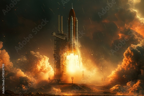 A dramatic liftoff scene with a space shuttle engulfed in smoke and fire, ascending powerfully through an atmospheric cloud bank. photo