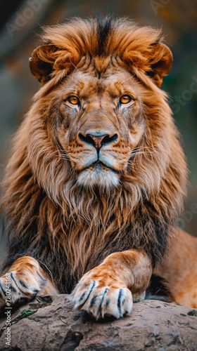 closeup of a Lion sitting calmly, hyperrealistic animal photography, copy space for writing © animalground