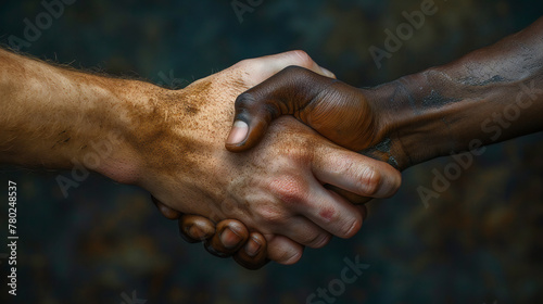 Two people of different ethnicities shake hands against a dark background, symbolizing unity and partnership