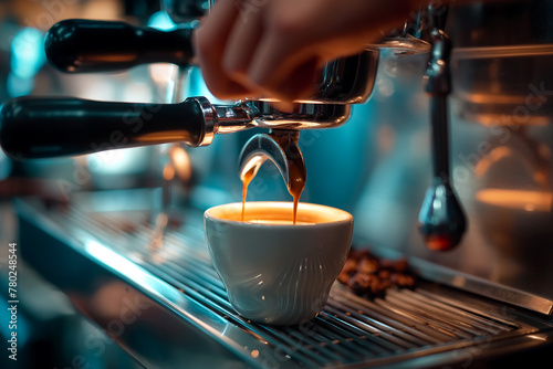 Barista makes coffee for customers at cafe or restaurant