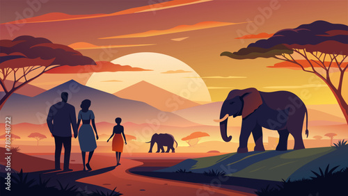 As the sun sets over the savannah a couple watches in awe as a herd of elephants gracefully moves across the landscape. The intimate encounter
