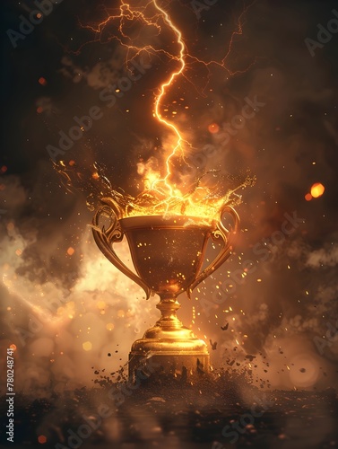Stunning golden trophy struck by powerful lightning symbolizing a momentous triumph and brilliant achievement