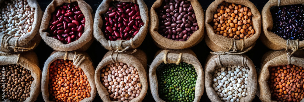A top view of various shades and types of legumes in jute bags  on the table. different types of beans in bags, healthy and nutritious food - obrazy, fototapety, plakaty 