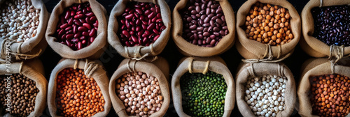 A top view of various shades and types of legumes in jute bags  on the table. different types of beans in bags, healthy and nutritious food photo