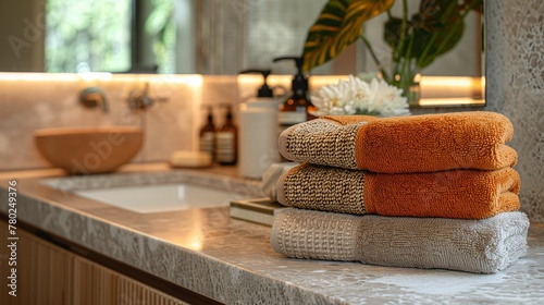 Stacked Luxury Towels on Marble Bathroom Countertop