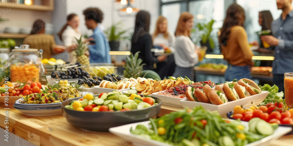 A group of people gathered around an assortment of delicious dishes at the office party, celebrating with each other and enjoying their food to celebrate work climbing to success. food in resturant
