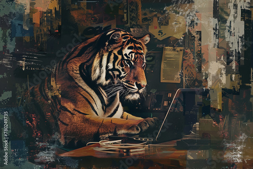 A tiger is sitting at a desk and using a laptop