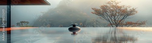 Temple Bell, Religious Garment, Spiritual Reflection, Overlooking a Majestic Mountain, Foggy Day, Realistic, Backlights, HDR photo