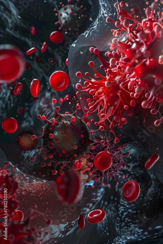 Highly detailed D visualization of red blood cells interacting with a virus in a dynamic cellular environment