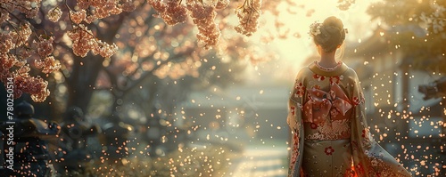 Traditional Japanese Kimono, Cherry Blossom, Elegant and Serene, A woman walking in a tranquil garden, Spring breeze, 3D Render, Warm Sunlight, Vignette photo